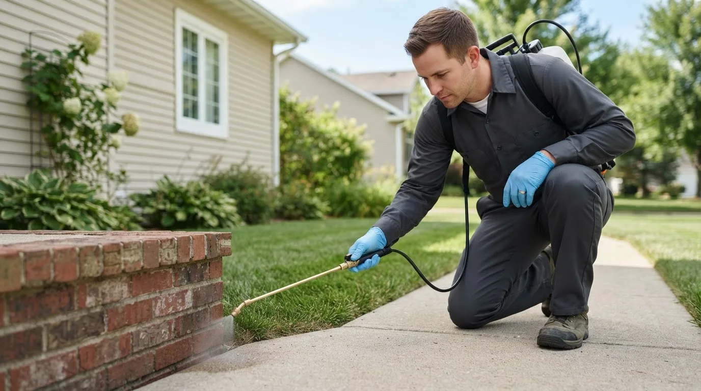 Pest control technician treating a home near Bristow, OK